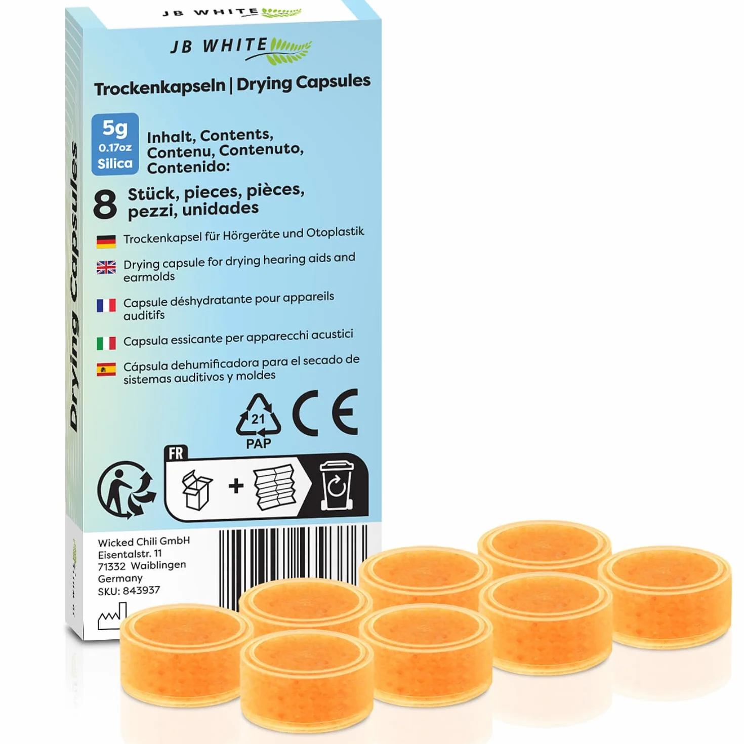 JB White 8 cápsulas desecantes para audífonos, pastillas deshumidificadoras, 5 g