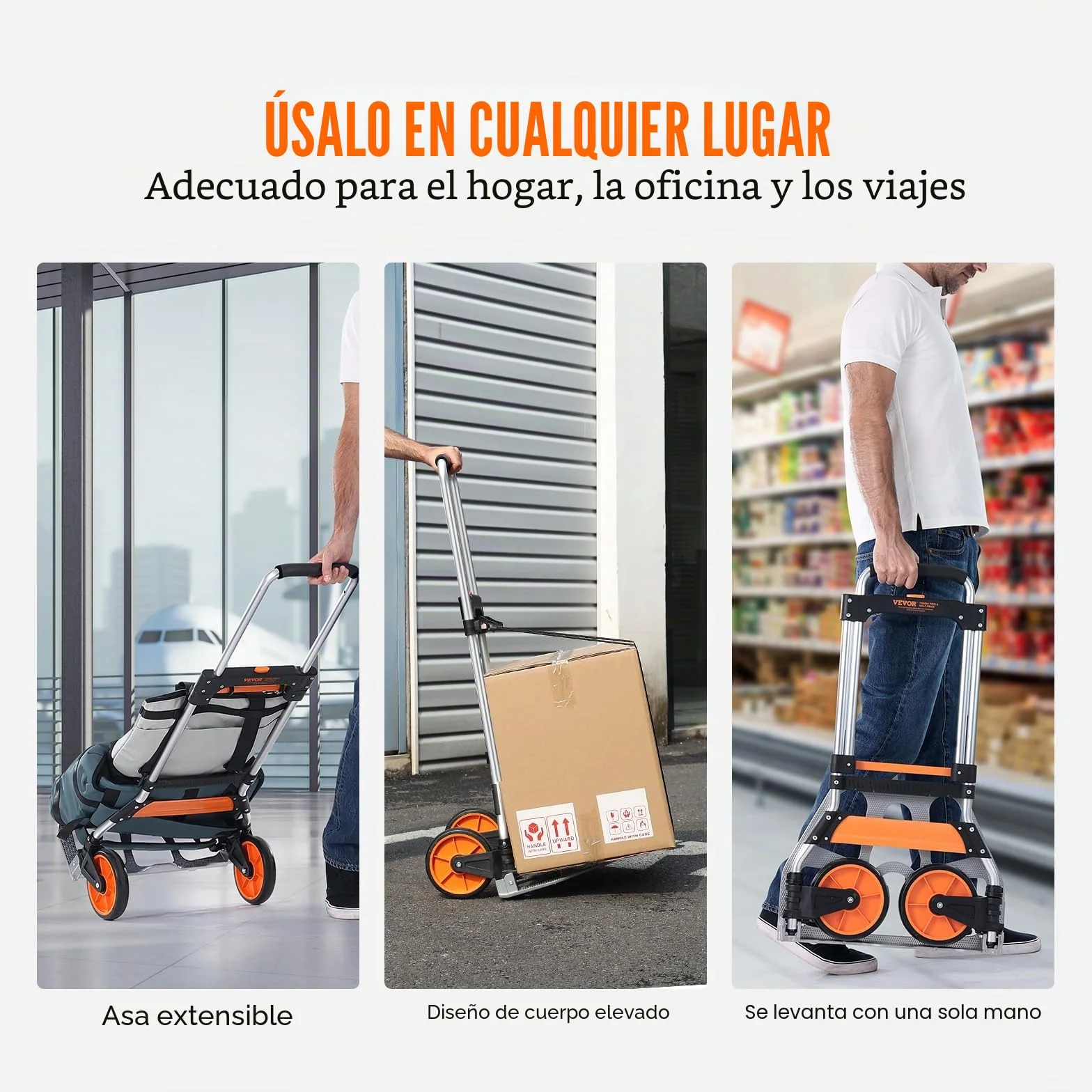 VEVOR Carretilla de Mano Plegable de Aluminio Carga 125 kg Carro de Mano con Ruedas de Goma Mango Telescópico