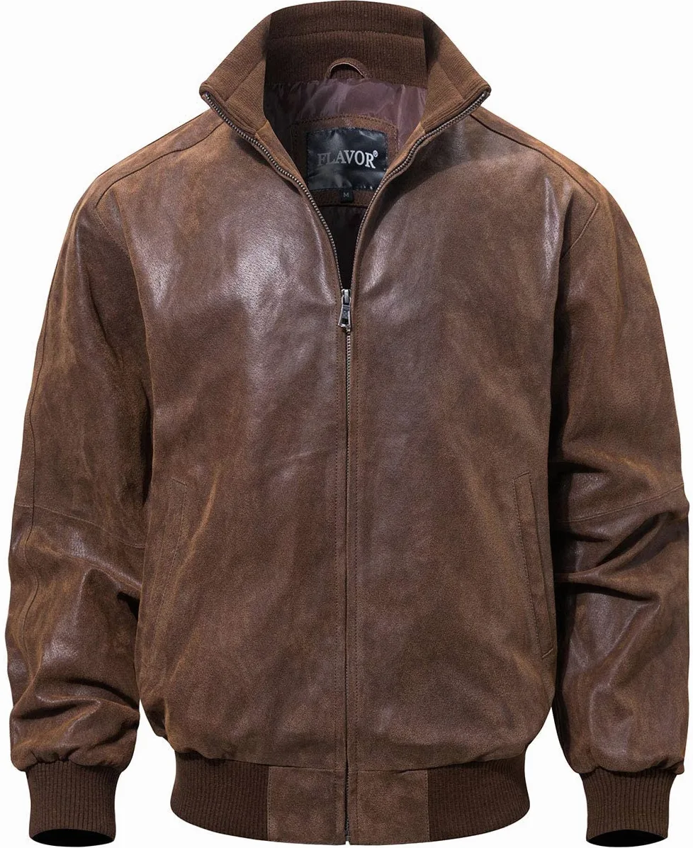FLAVOR Chaqueta Bomber de Cuero Genuino para Hombre Chaqueta Casual