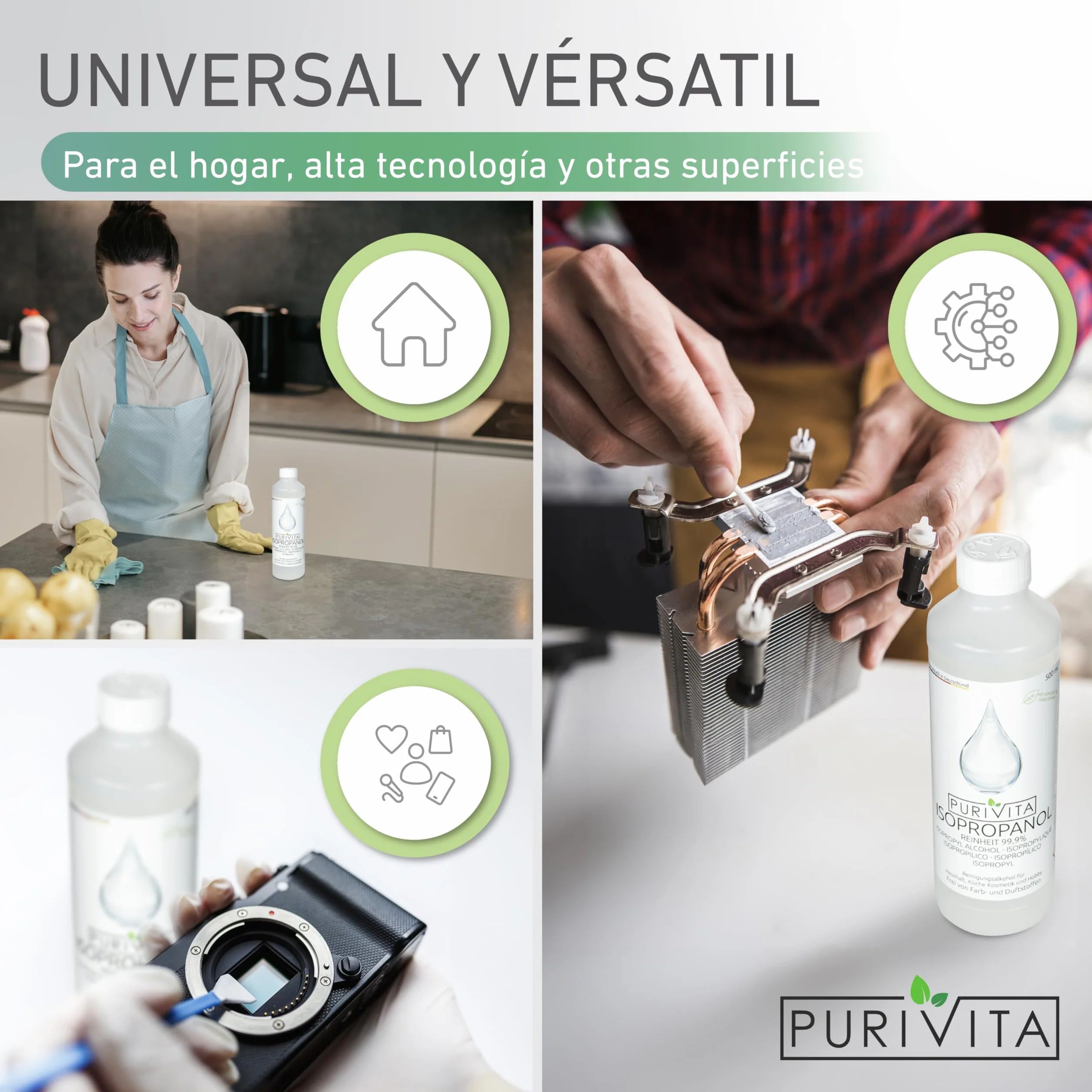 PURIVITA Alcohol Isopropilico 99,9% 500ML - Isopropyl Alcohol Limpiador Desengrasante