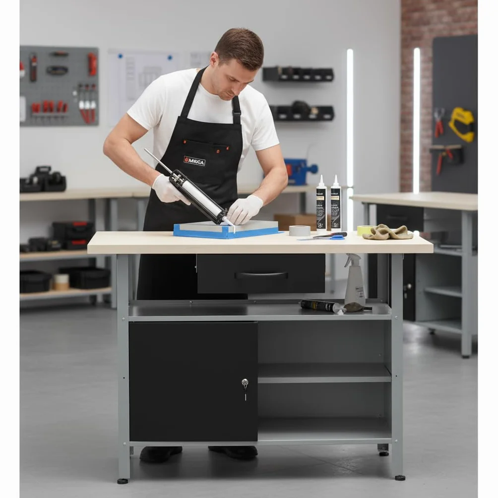 METALLMOBELL Banco de Trabajo Profesional 120x60x84cm Cajón Armario con Llave MB007