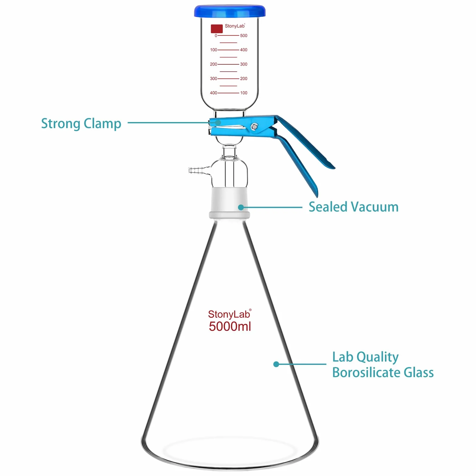 Aparato de Filtración de Vidrio, Kit de Filtro al Vacío de Borosilicato 5000 ml con Embudo Graduado 500 ml
