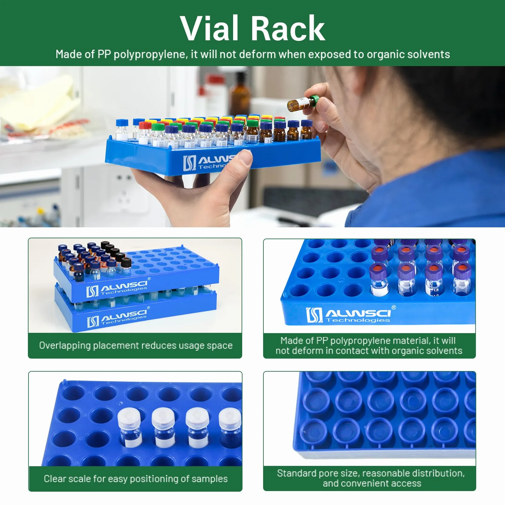 ALWSCI Gradilla para Frascos de Laboratorio HPLC 4ml 50 Compartimientos Apilable