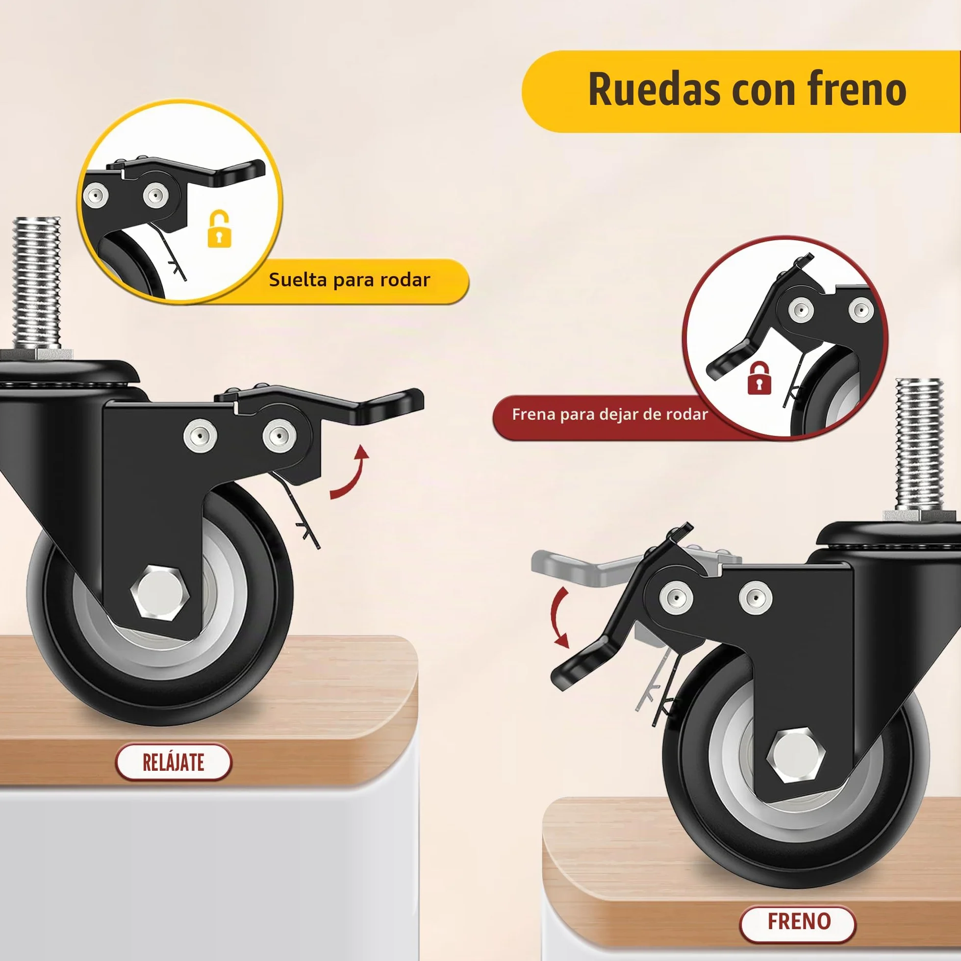 HOLKIE Juego de 4 ruedas giratorias con freno M8 x 25mm 50mm Negro