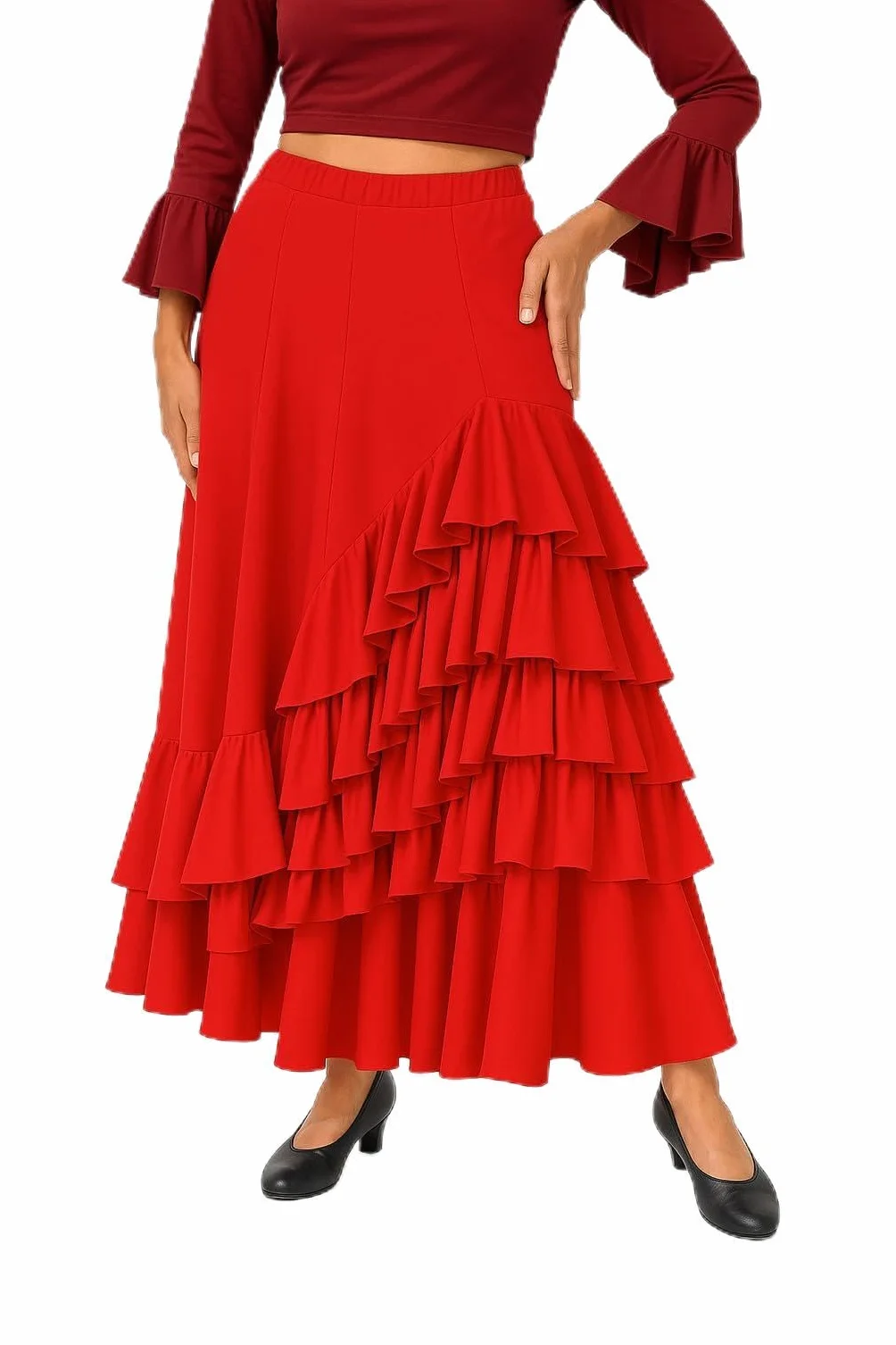 Falda Flamenca con 5 Volantes para Baile Profesional y Ensayo, Gran Vuelo y Tejido Elástico