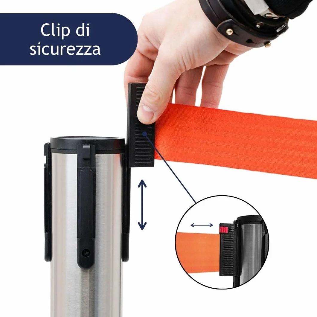 Postes Separadores de Acero Cromado Pulido con Cinta 3mt Base Antideslizante Naranja