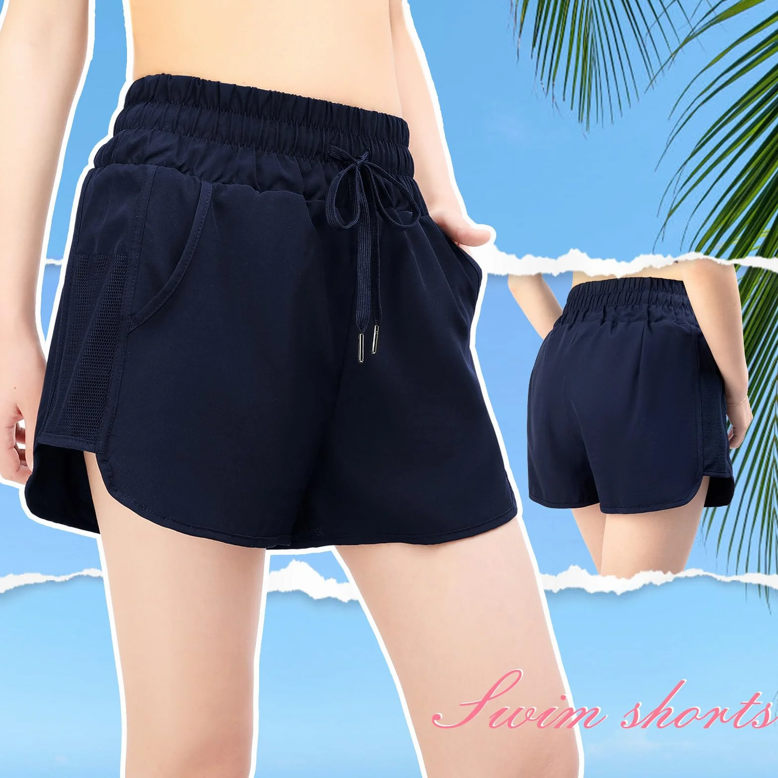 Pantalones cortos de natación para mujer, de cintura alta, de secado rápido, con cordón ajustable, pantalones cortos de surf con parte inferior y bolsillos