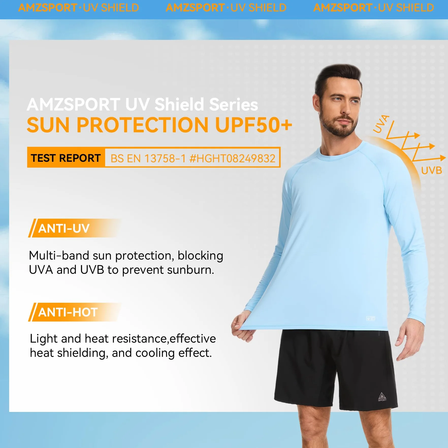 AMZSPORT Camiseta UV Hombre Rashguard UPF 50 Protección Solar Manga Larga Transpirable Secado Rápido para Pesca Surf Senderismo