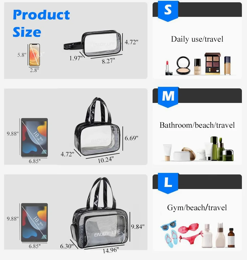 Neceser de viaje, bolsa de aseo transparente con asa, bolsa de maquillaje impermeable para playa, viajes, gimnasio, Azul, L