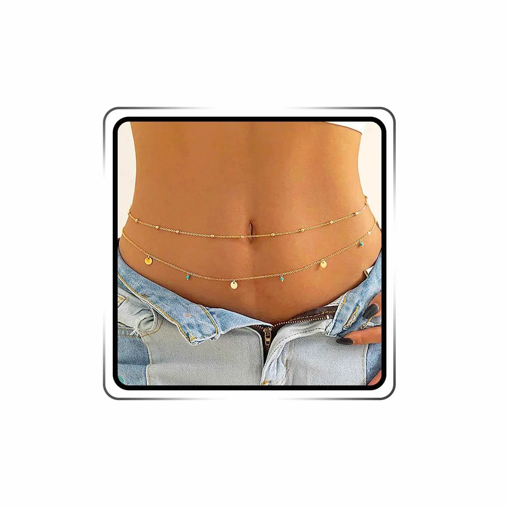 Cadena de cintura bohemia con cuentas para el vientre, cadena de lentejuelas en capas, accesorios de verano para mujeres y niñas (dorado)