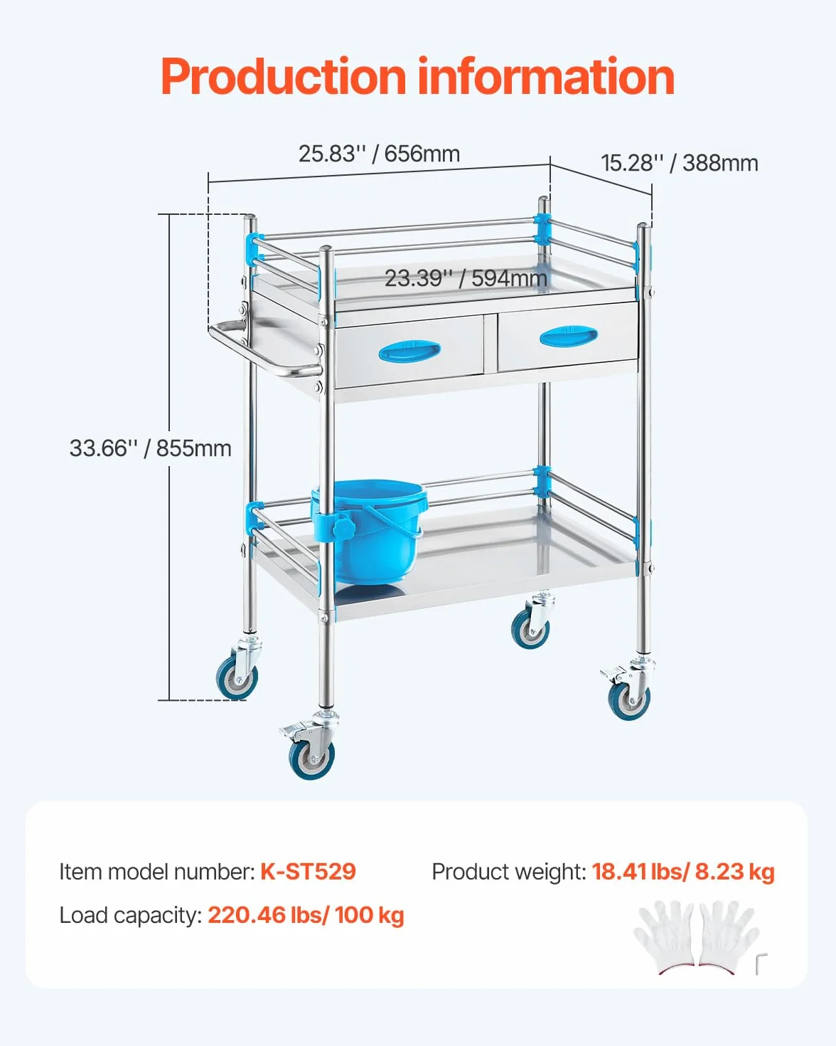 VEVOR Carrito de Médico 2 Capas 2 Cajones 59,9 x 42,9 x 85,1 cm Acero Inoxidable 4 Ruedas Omnidireccional