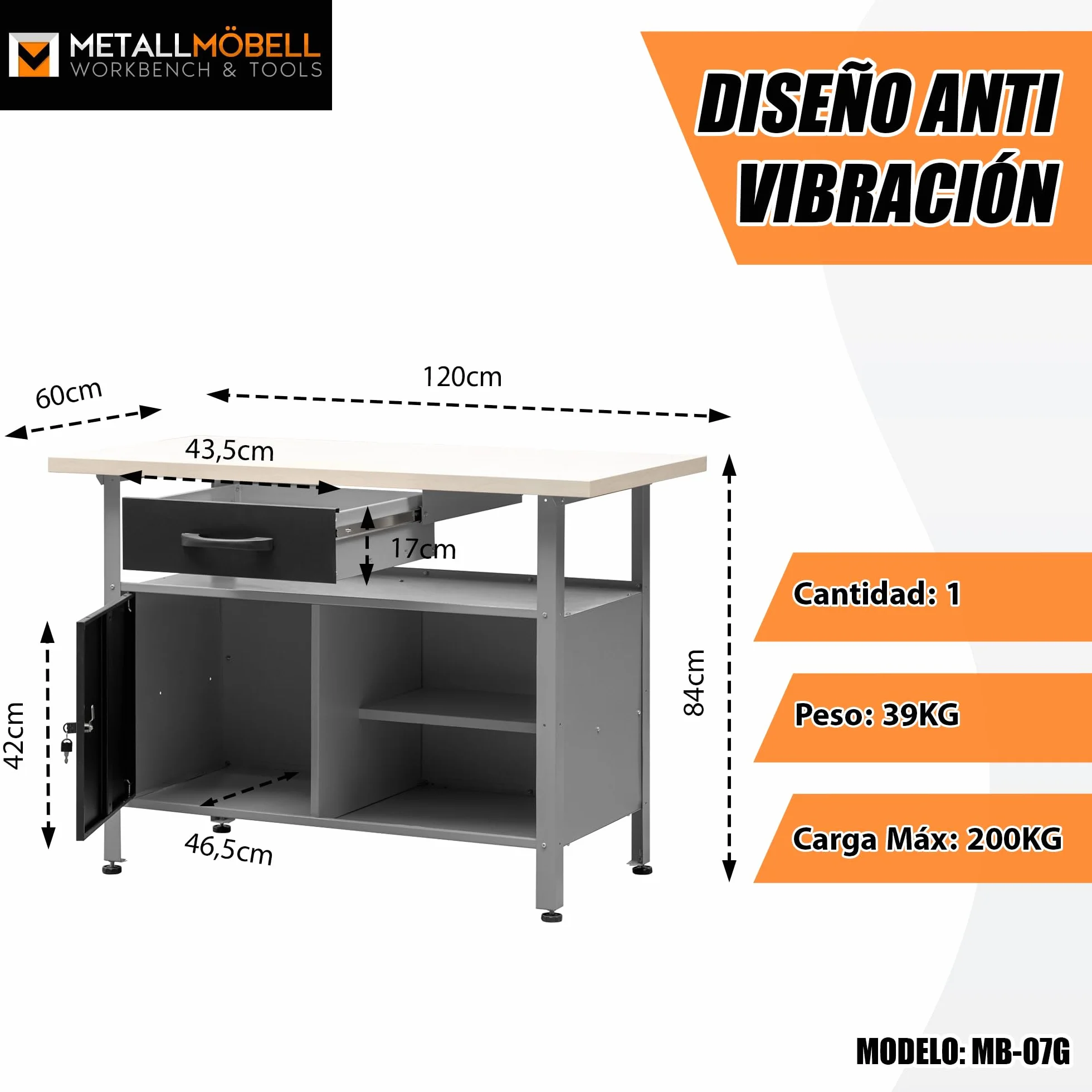 METALLMOBELL Banco de Trabajo Profesional 120x60x84cm Cajón Armario con Llave MB007