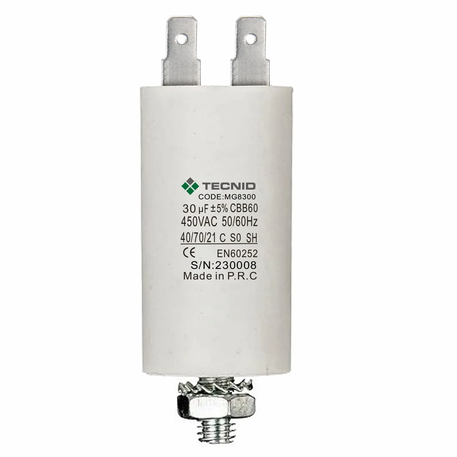 Condensador de arranque 450V 30µF 4 pines M8 para motores eléctricos