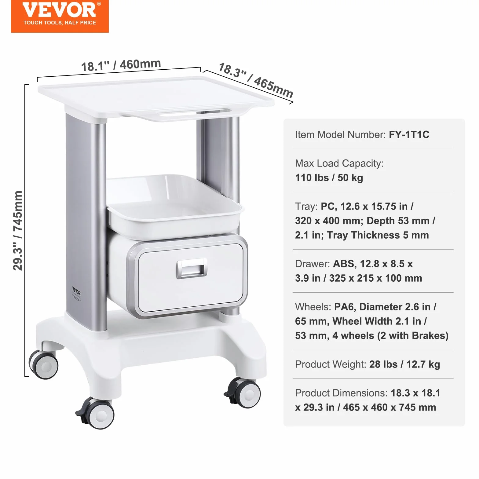 VEVOR Carro Médico de 2 Niveles con 1 Cajón, Bandeja Superior, Ruedas Silenciosas, ABS, Blanco