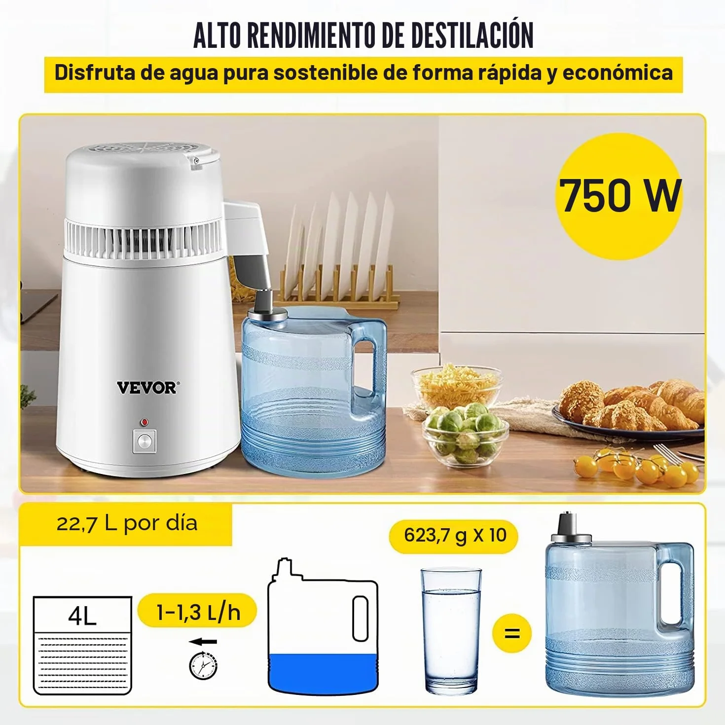 VEVOR Destilador de Agua 4L Acero Inoxidable Purificador Filtros Destilación