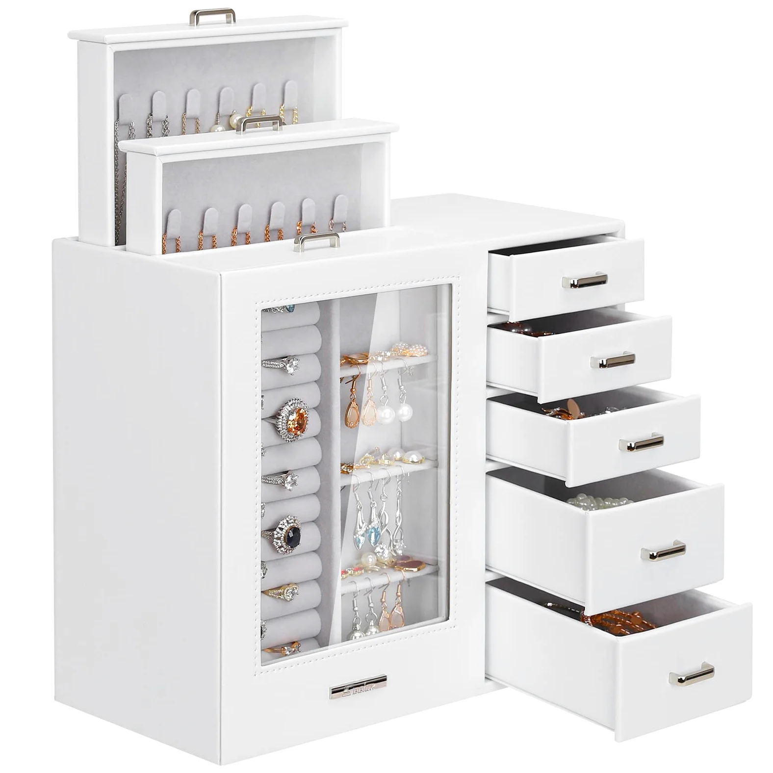 Joyero Grande con Vitrina para Mujer: 8 Cajones para Joyas | Organiza Collares Anillos Relojes y Pendientes-Tocador y Dormitorio-Frontal de Cristal para una Selección Rápida-Blanco