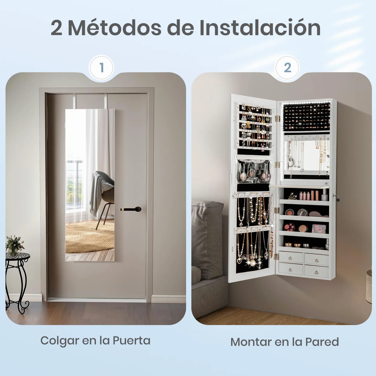 GOPLUS Espejo Joyero con LED, 120 x 37 x12 cm, Armario con Espejo de Pared y en Puerta, Organizador para Pendientes, Collares con Almacenaje, Decoracion Dormitorio Blanco