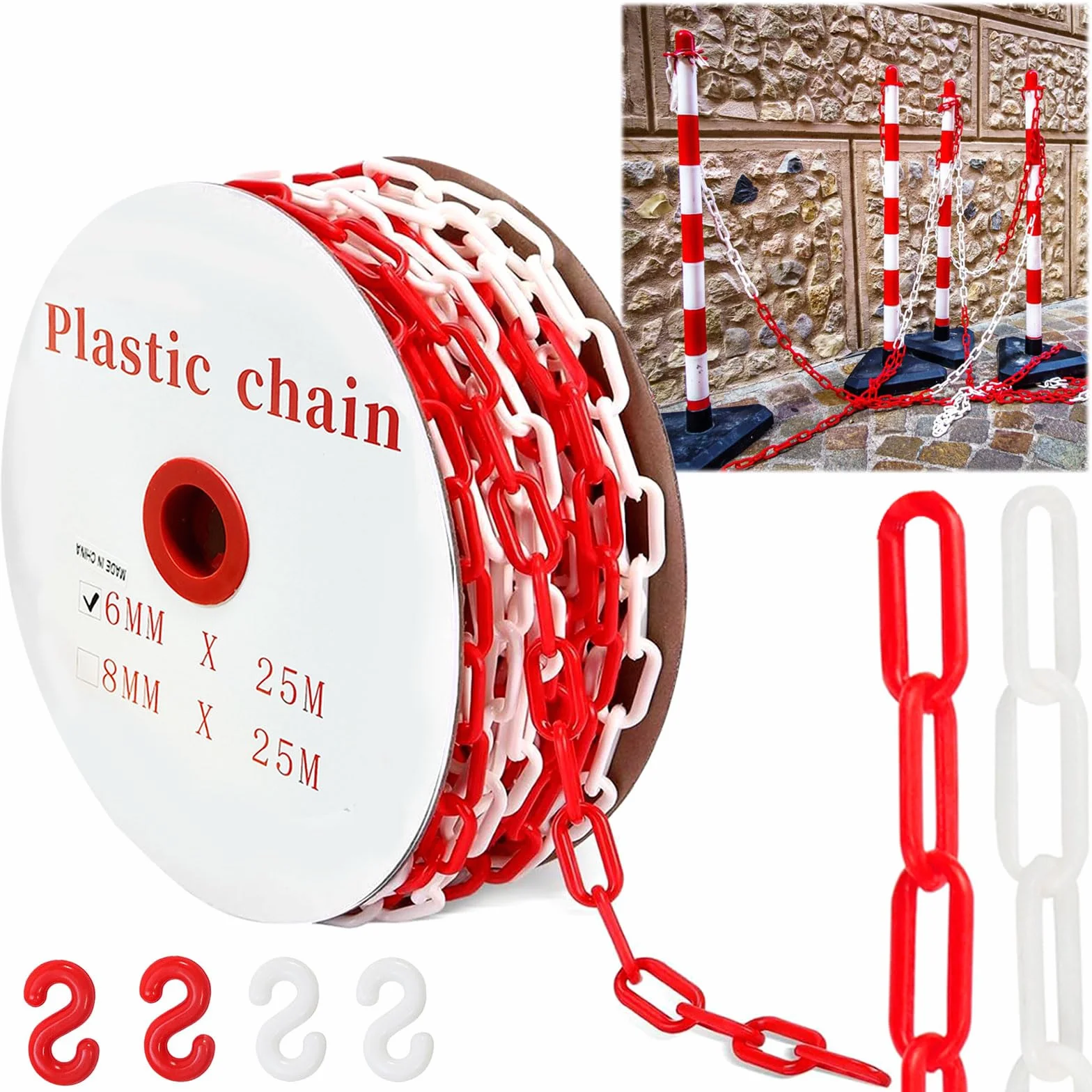 Cadena de seguridad roja y blanca 25 m 6 mm plástico con 4 mosquetones
