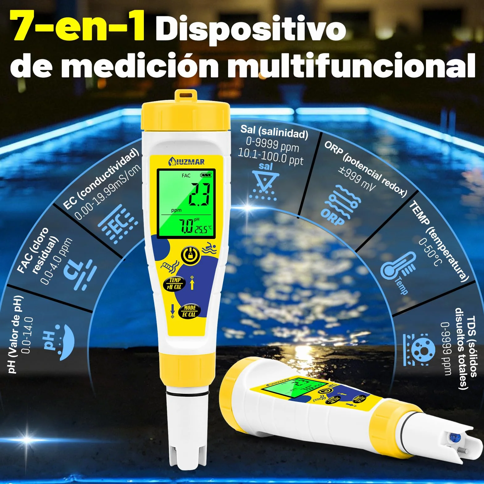 Medidor pH Cloro para Piscinas, Medidor Sal pH Agua Salada 7 en 1 con Temperatura y Salinidad