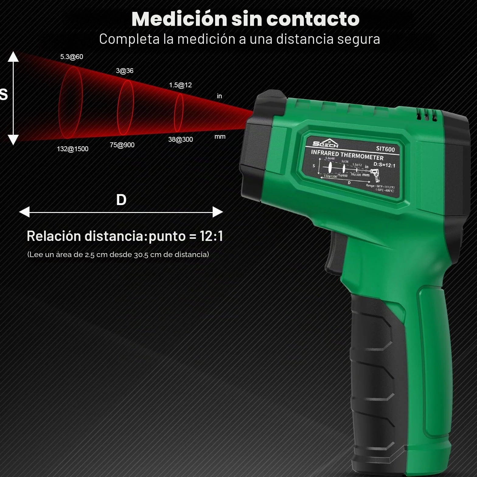 Termómetro Infrarrojo SQECH Láser -50℃~600℃ Emisividad Ajustable Retroiluminación Color Verde