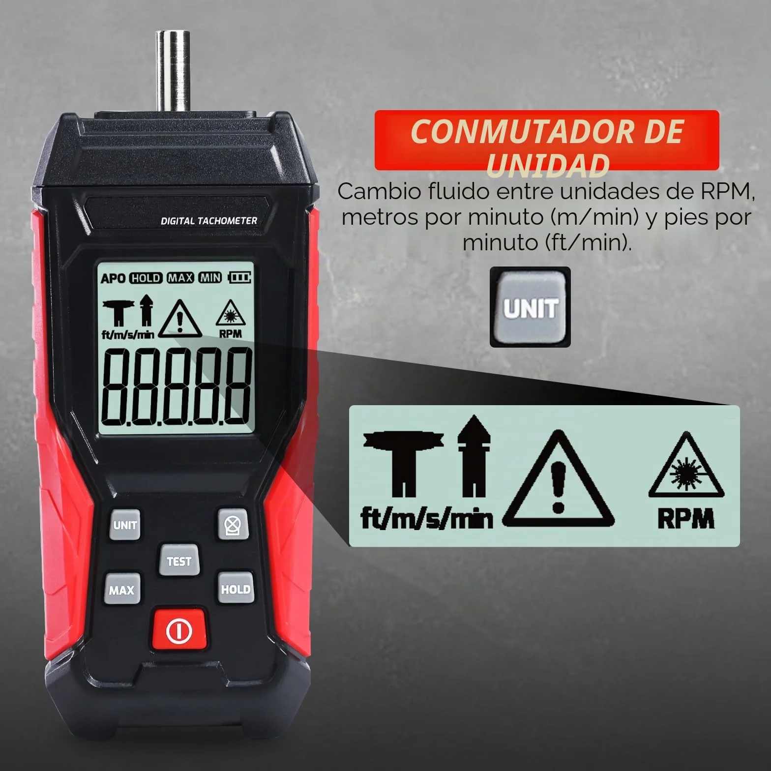 Tacómetro digital sin contacto 2 en 1 3~99999RPM láser y 3~19999RPM contacto medidor RPM probador