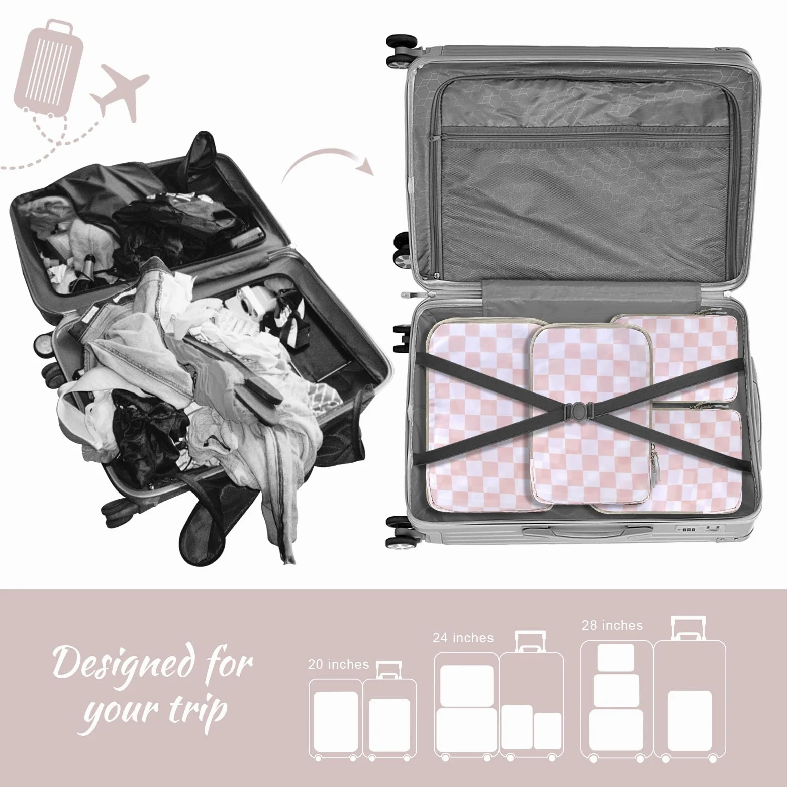 WOOMADA Cubos de compresión para maletas, esenciales de viaje, juego de 4 bolsas de viaje expandibles, organizador para equipaje (tablero de ajedrez rosa)