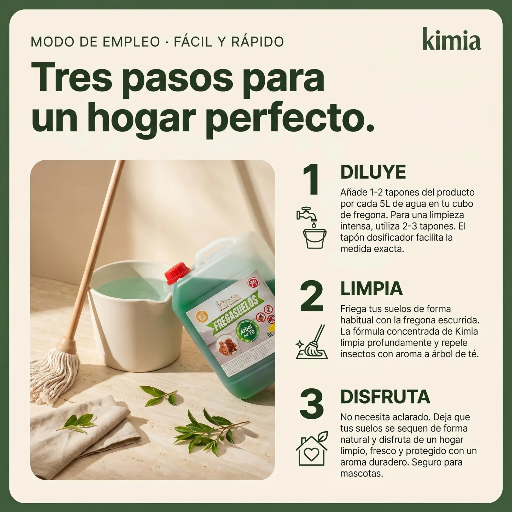 KIMIA Fregasuelos Profesional 5L Limpiasuelos Mascotas Repelente Insectos Concentrado Esencia de Árbol de Té Multisuperficie