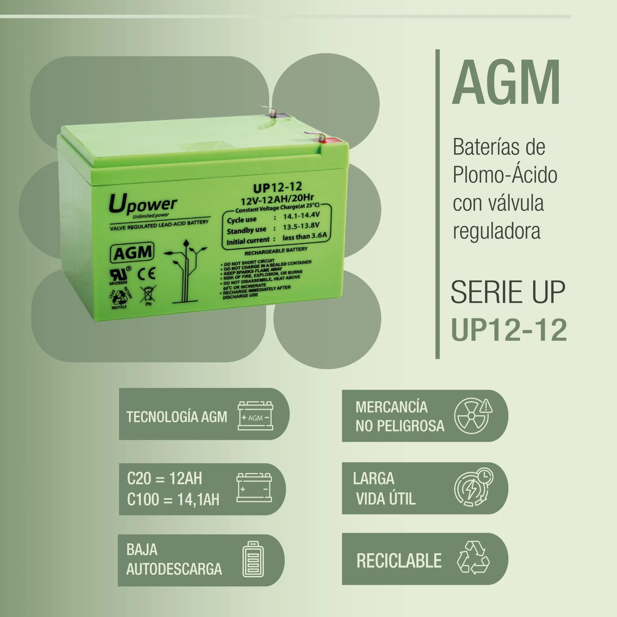 U-Power Batería AGM 12V 12Ah Sellada Recargable Plomo-Ácido VRLA Terminal Faston F2 6.3mm