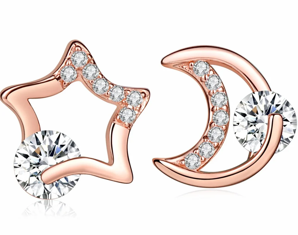 Pendientes Mujer Niña, Yumilok-Moda Pendientes con Brillantes Circontias Estrella y Luna, Oro Rosa S925 Plata de Ley