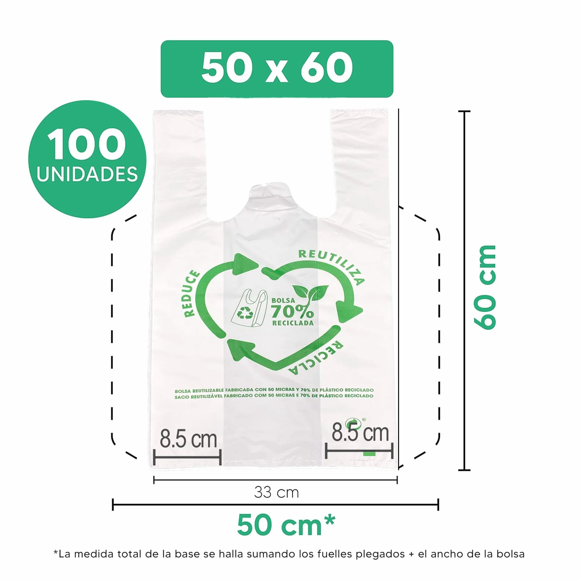 Bolsas de Plástico Asa Camiseta Blanco 50x60 cm 100 Unidades Reutilizables Resistentes 50 Micras 70% Reciclado Aptas Alimentación