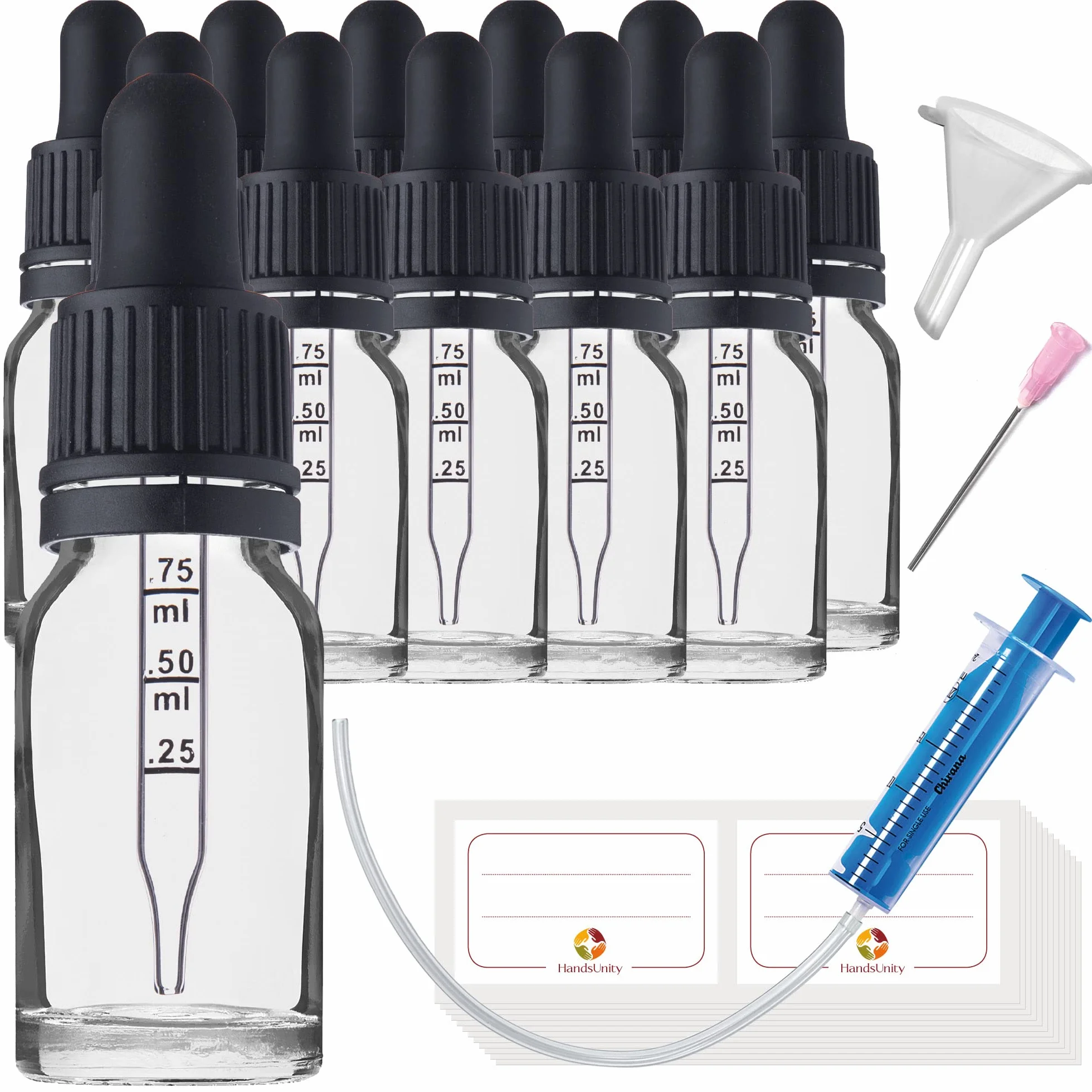 Frasco de Vidrio para Pipetas 10ml - Juego de 12 Piezas con Tapa Negra y Accesorios