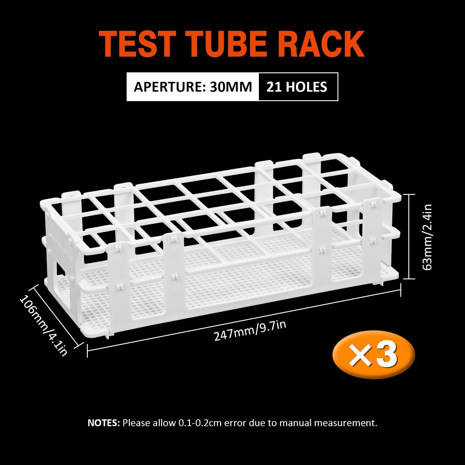 Estante de plástico para tubos de ensayo, soporte de laboratorio de 21 agujeros para tubos de 30 mm, desmontable, paquete de 3