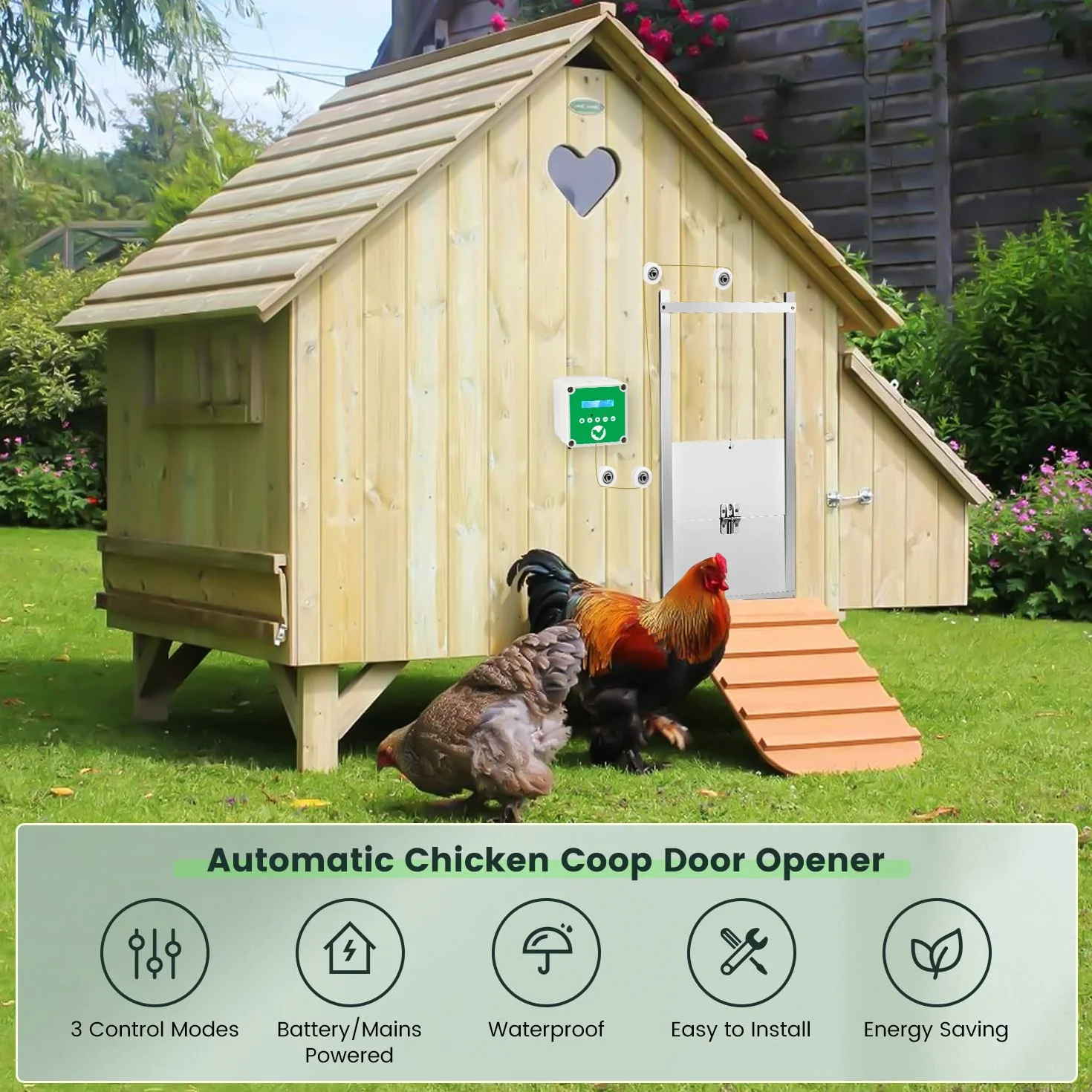 Abrepuertas Automático Gallinero IP65 Impermeable 2 Mandos Temporizador Sistema Elevación Puerta Batería Solar