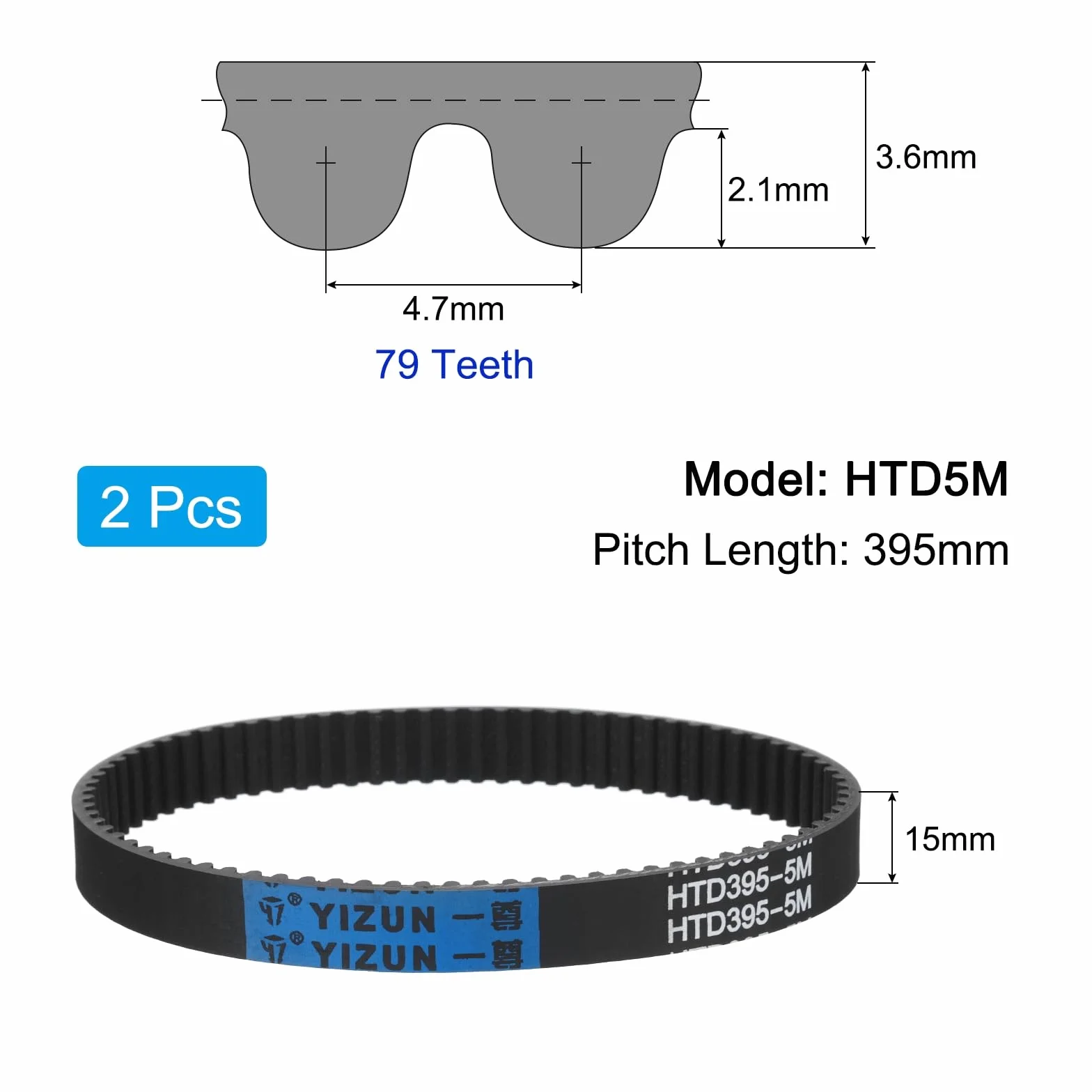 QUARKZMAN Correa de Distribución HTD-5M 79 Dientes 395 mm x 15 mm x 3.6 mm Goma Bucle Cerrado