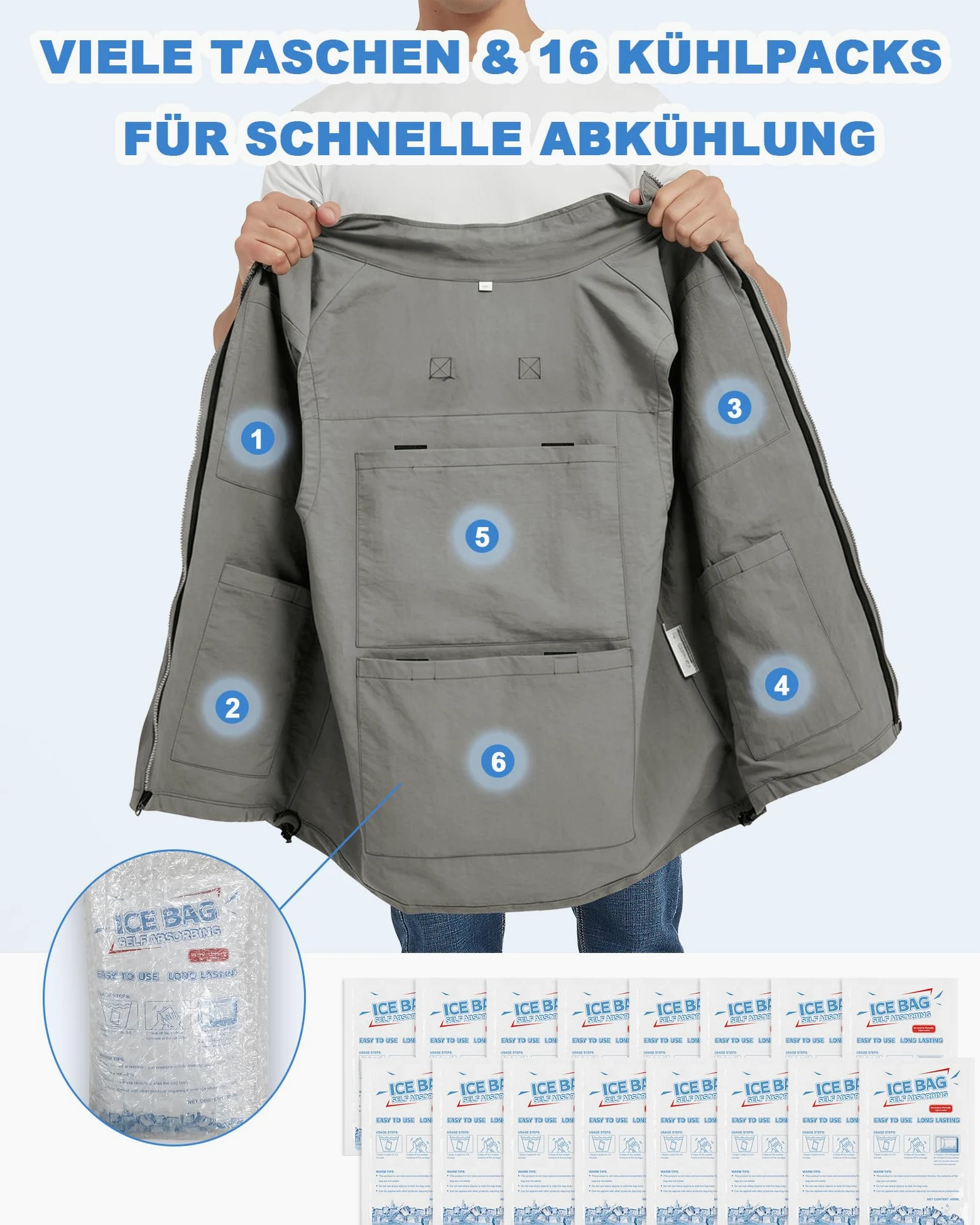 Chaleco refrigerante, chaleco de hielo con 16 bolsas de hielo para hombre y mujer, chaleco de refrigeración de nailon sin mangas para verano clima cálido, gris, XXL