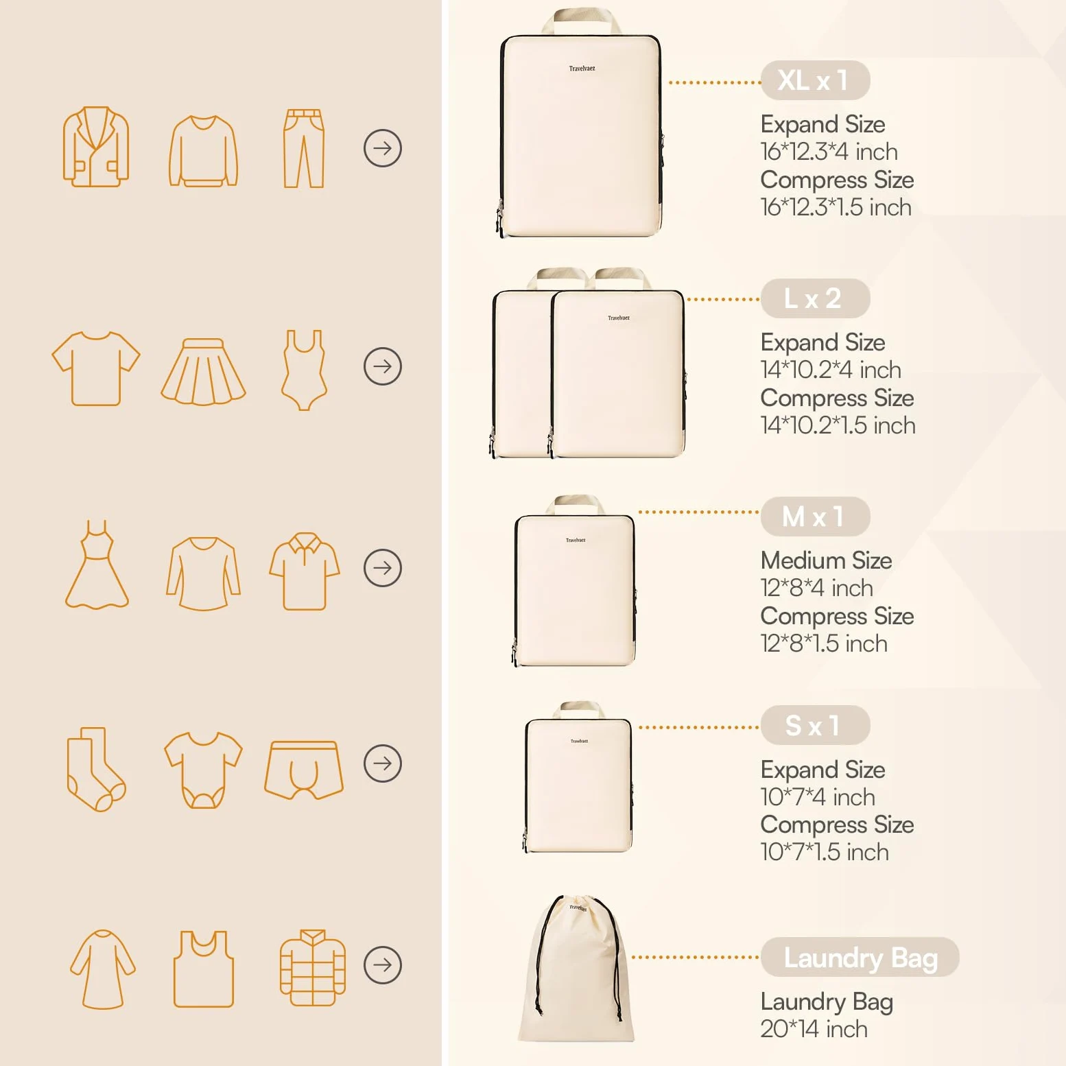 Juego de 6 cubos de embalaje de compresión para viajes. Bolsas de compresión de viaje expandibles para empacar. Organizador de equipaje y maleta. Bolsas de compresión para viajes., Beige
