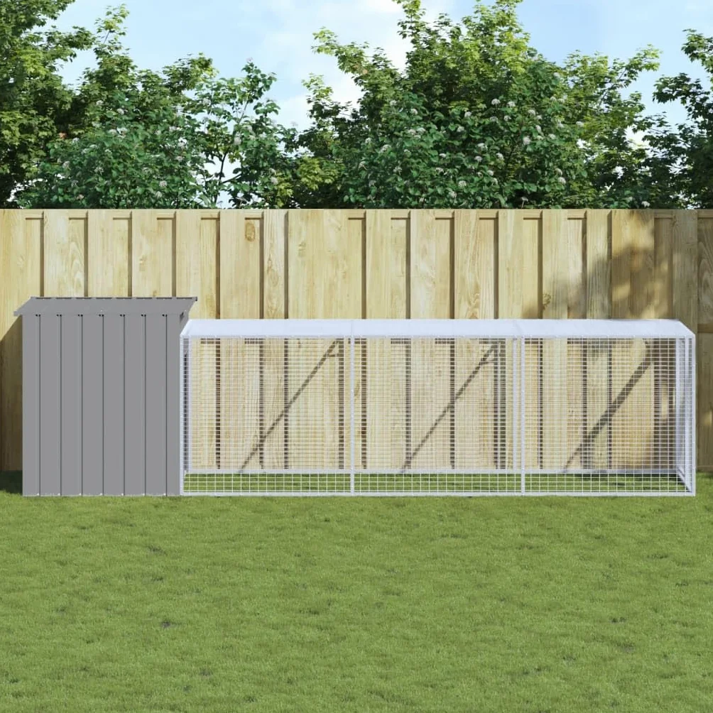 vidaXL Gallinero con Corral, Jaula de Gallinas Pollos con Tejado, Acero Galvanizado Gris Claro