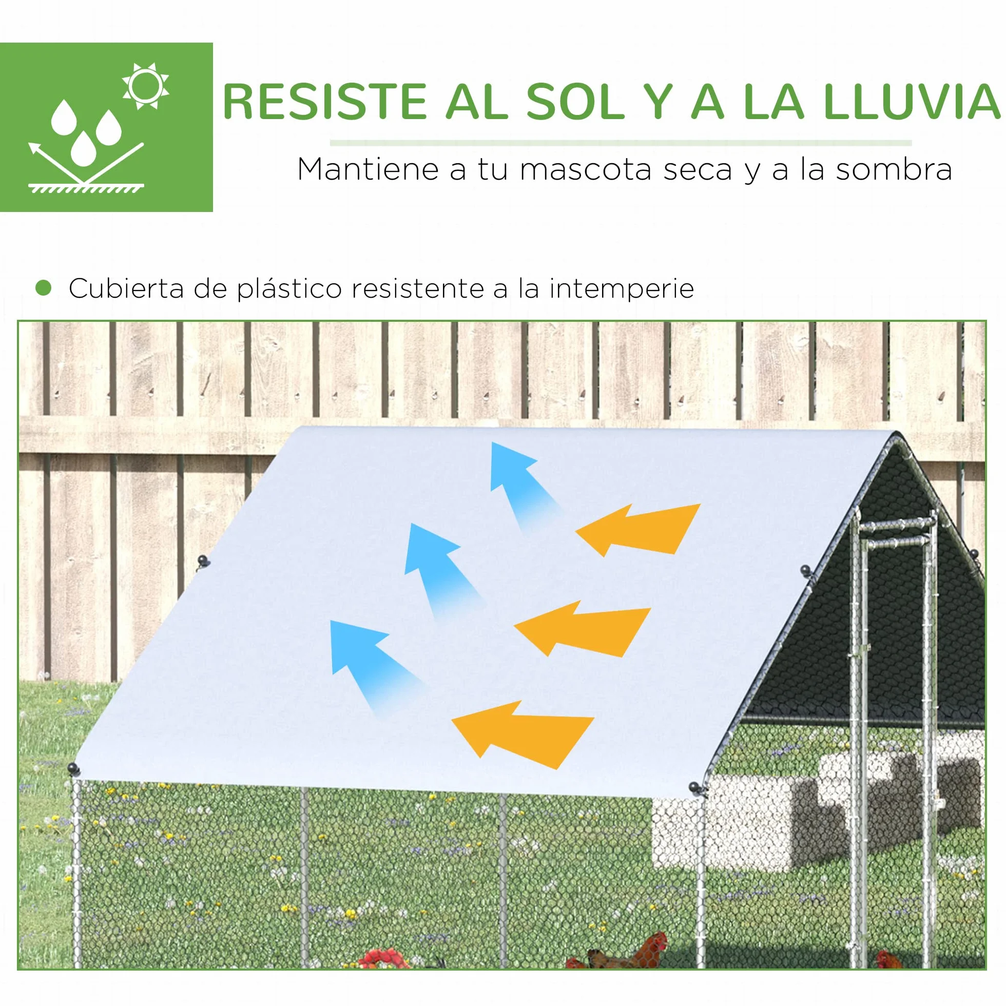 PawHut Gallinero Exterior Grande 3x2x2 m Jaula 4-6 Gallinas Acero Galvanizado Cubierta PE Cerradura Plata