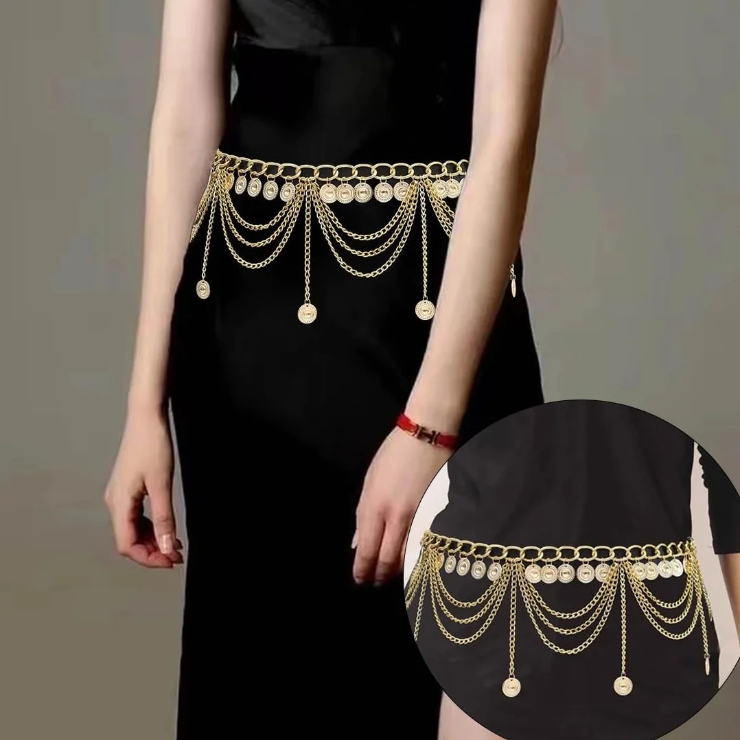 Cadenas de cuerpo,Cinturones para mujer,Accesorio de cadena para cintura para danza del vientre con colgante de borla, longitud de cadena 70 cm + cadena alargadora 30 cm (oro)