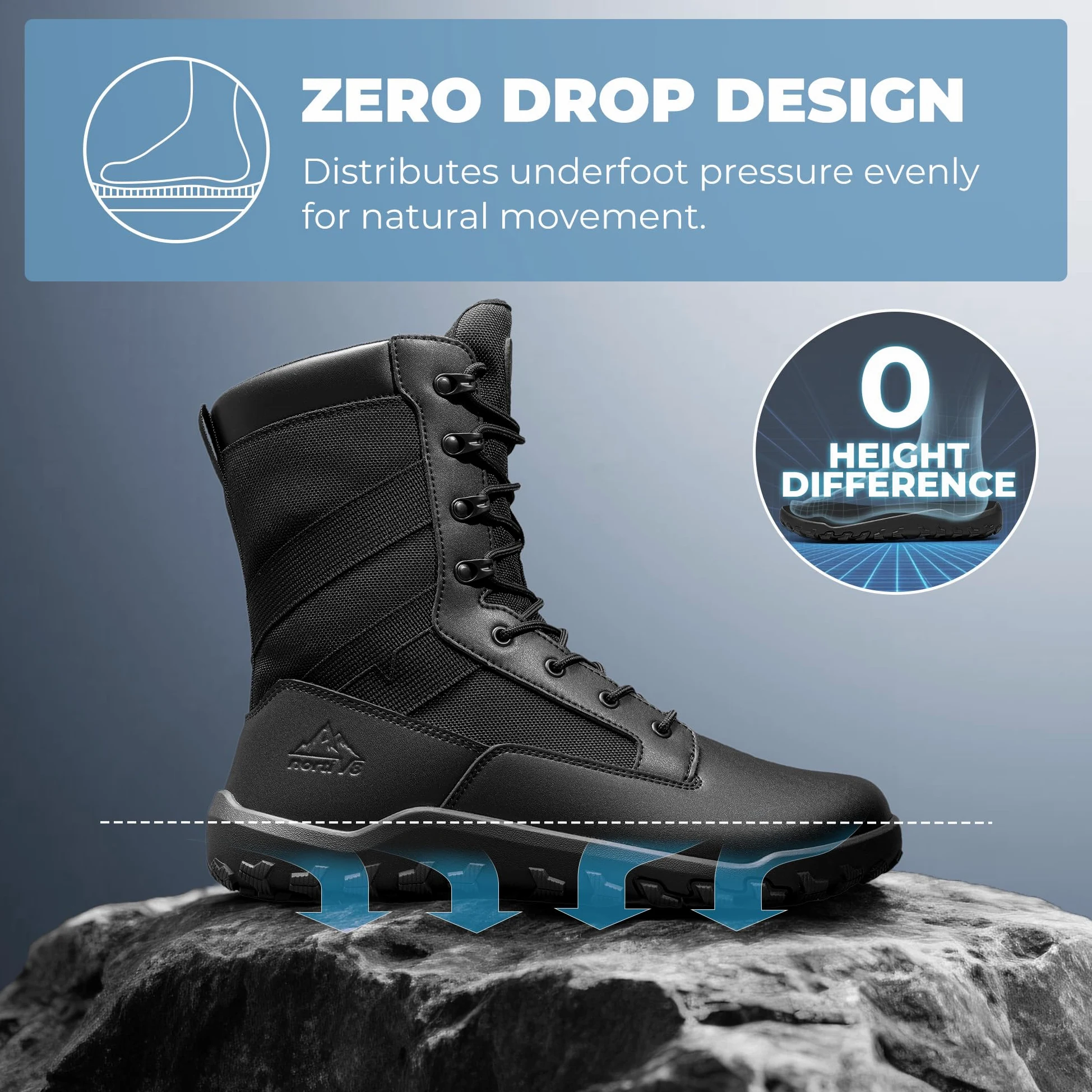 NORTIV 8 Botas tácticas militares de punta ancha para hombre, sin caída, minimalistas, de cuero, con cremallera lateral, botas de combate para motocicleta
