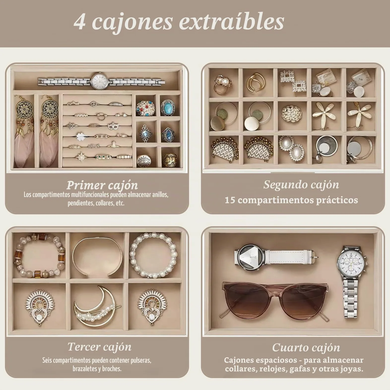 Caja Joyero Mujer de 4 Niveles, Joyeros Organizador Joyas Cuero PU | 3 Cajones, Gran Capacidad, Joyería Joyero para Mujeres y Niñas para Pendientes, Cadenas, Pulseras - Beige