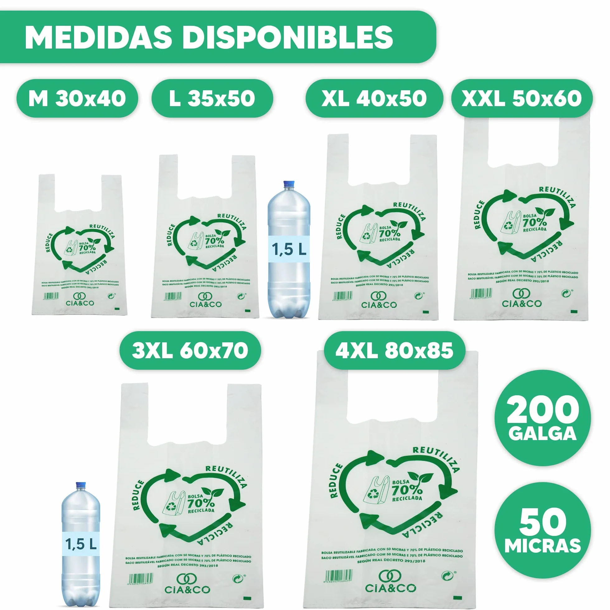 Bolsas de Plástico 70% Reciclado XXL 50x60 cm 50 Uds Aptas Uso Alimentario Galga 200 Tipo Camiseta