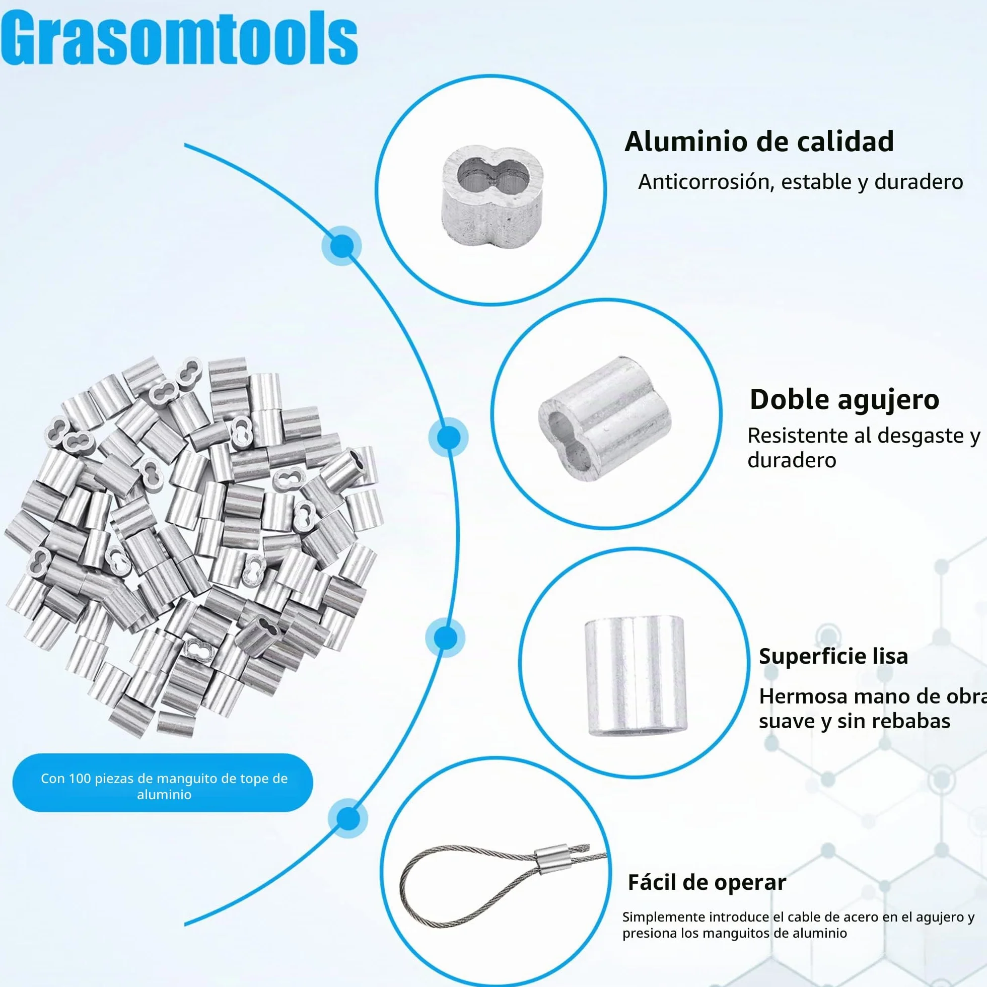 Herramienta de crimpado de cable de acero, kit de 100 piezas, manguitos de aluminio de doble barril, hasta 2,2 mm