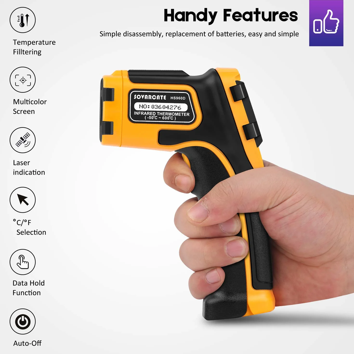 SOVARCATE Termómetro Infrarrojo Pistola Temperatura Láser Digital Sin Contacto -58~1112 ℉ -50~600 ℃ Emisividad Ajustable