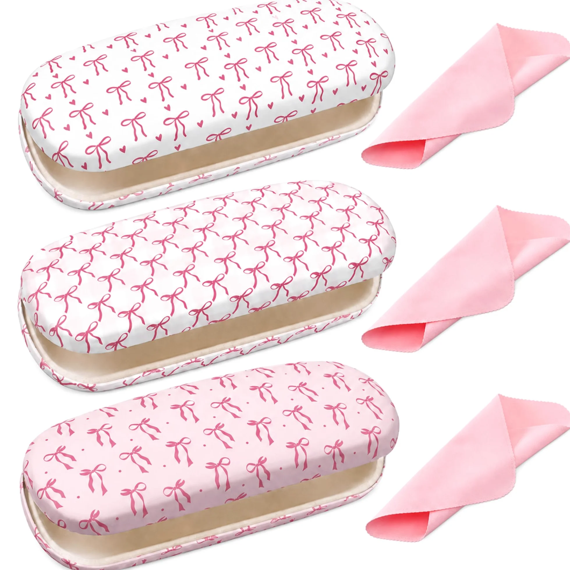Fuyoooo Paquete de 3 fundas duras para gafas de sol con lazo rosa con paño de limpieza, caja de piel sintética para gafas de sol