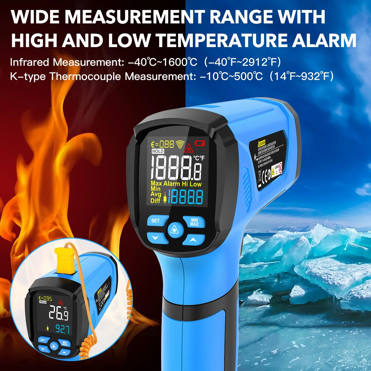 Termómetro Infrarrojos MESTEK -40~1600℃ Medidor de Temperatura Sin Contacto con Emisividad Ajustable