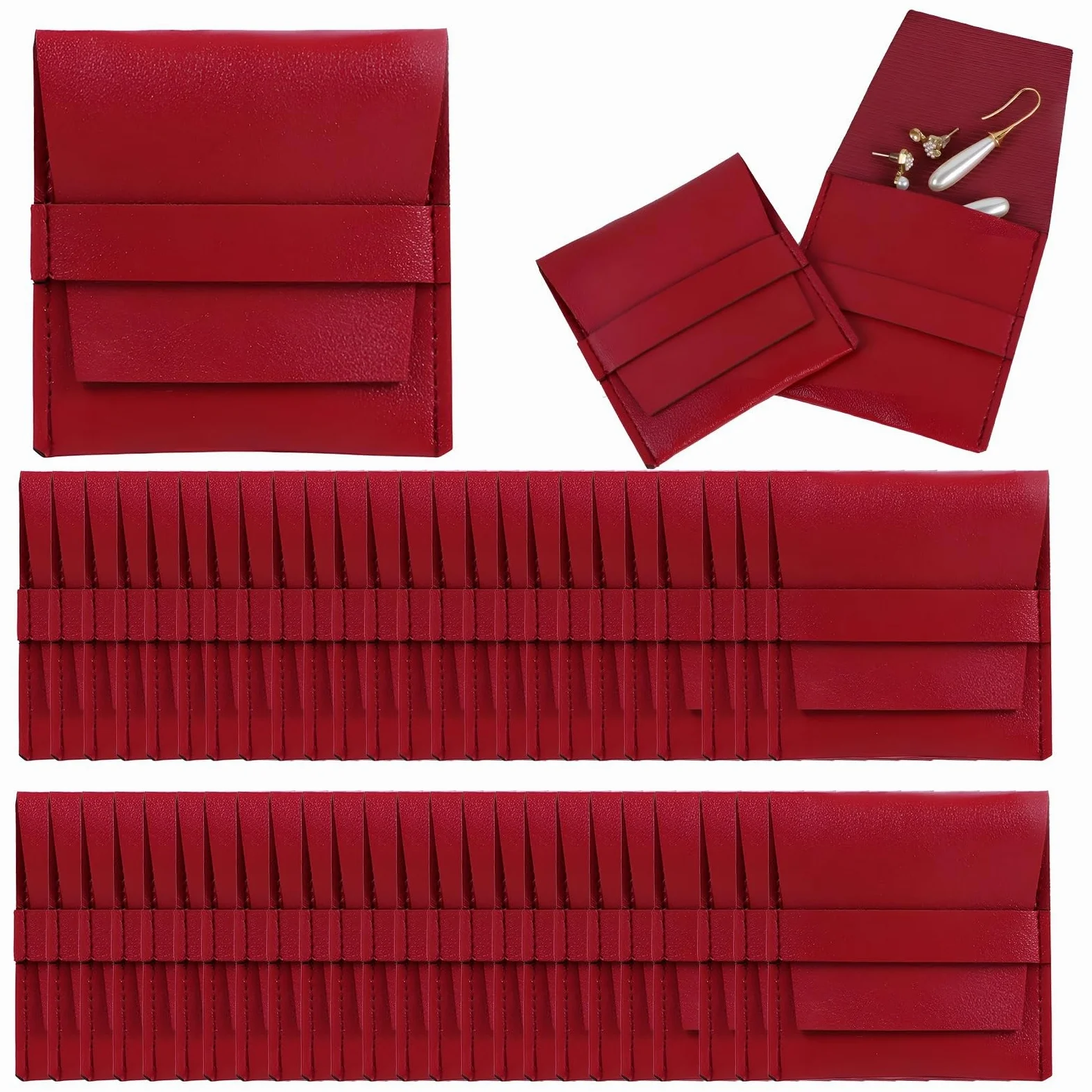 50 bolsas de microfibra para joyas, bolsas de joyería de piel sintética, bolsas de embalaje estilo sobre, bolsas de almacenamiento para anillos y collares, 3.1 x 3.1 pulgadas, color rojo