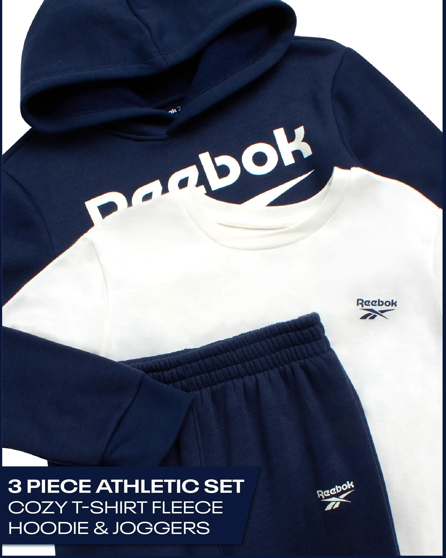 Reebok Conjunto deportivo de 3 piezas para niños, sudadera con capucha, pantalones deportivos y camiseta para niños (8-14)