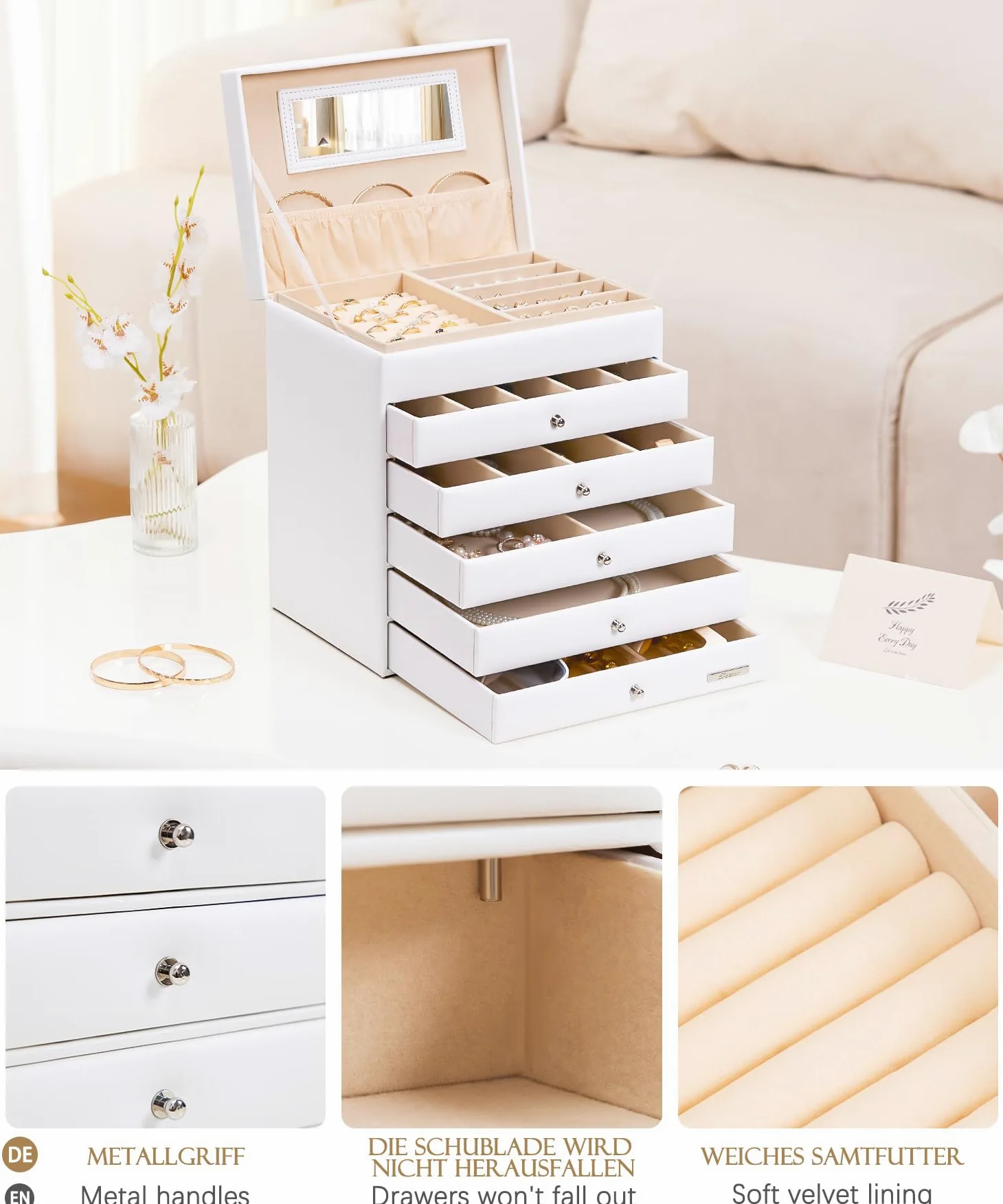 Yorbay Caja de joyas grande con espejo para mujer: 6 niveles y 5 cajones | Compartimentos collares anillos pendientes relojes–Para tocador cómoda–Piel sintética forro terciopelo–Blanco