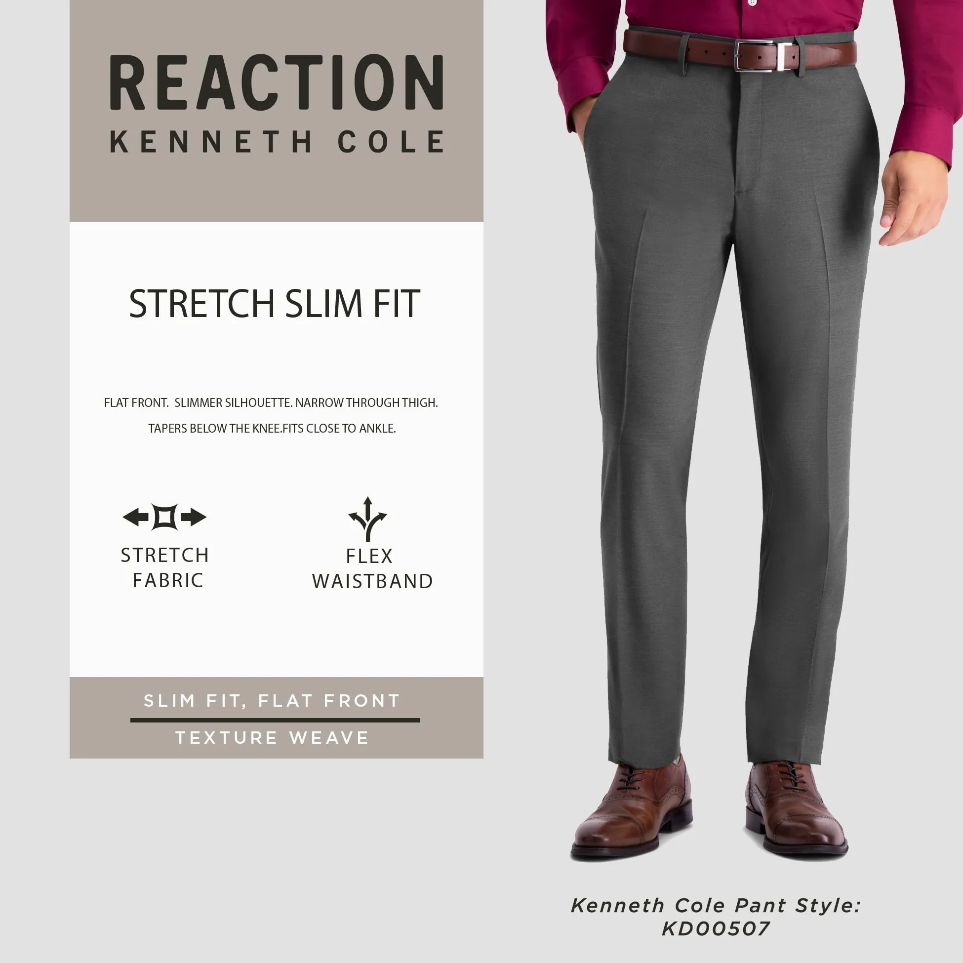 Kenneth Cole Reaction Premium Stretch Texture Weave Slim Fit Dress Pant - Pantalones para Vestir Hombre